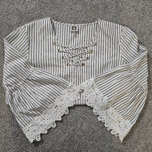 ANNE KLEIN pinstripe BLOUSE top LACE dressy CASUAL bell sleeves